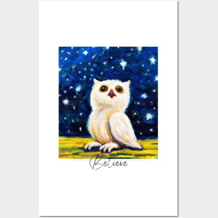 Starry Night Owl: Digital Art of a White Baby Owl and a Starry Sky Posters and Art